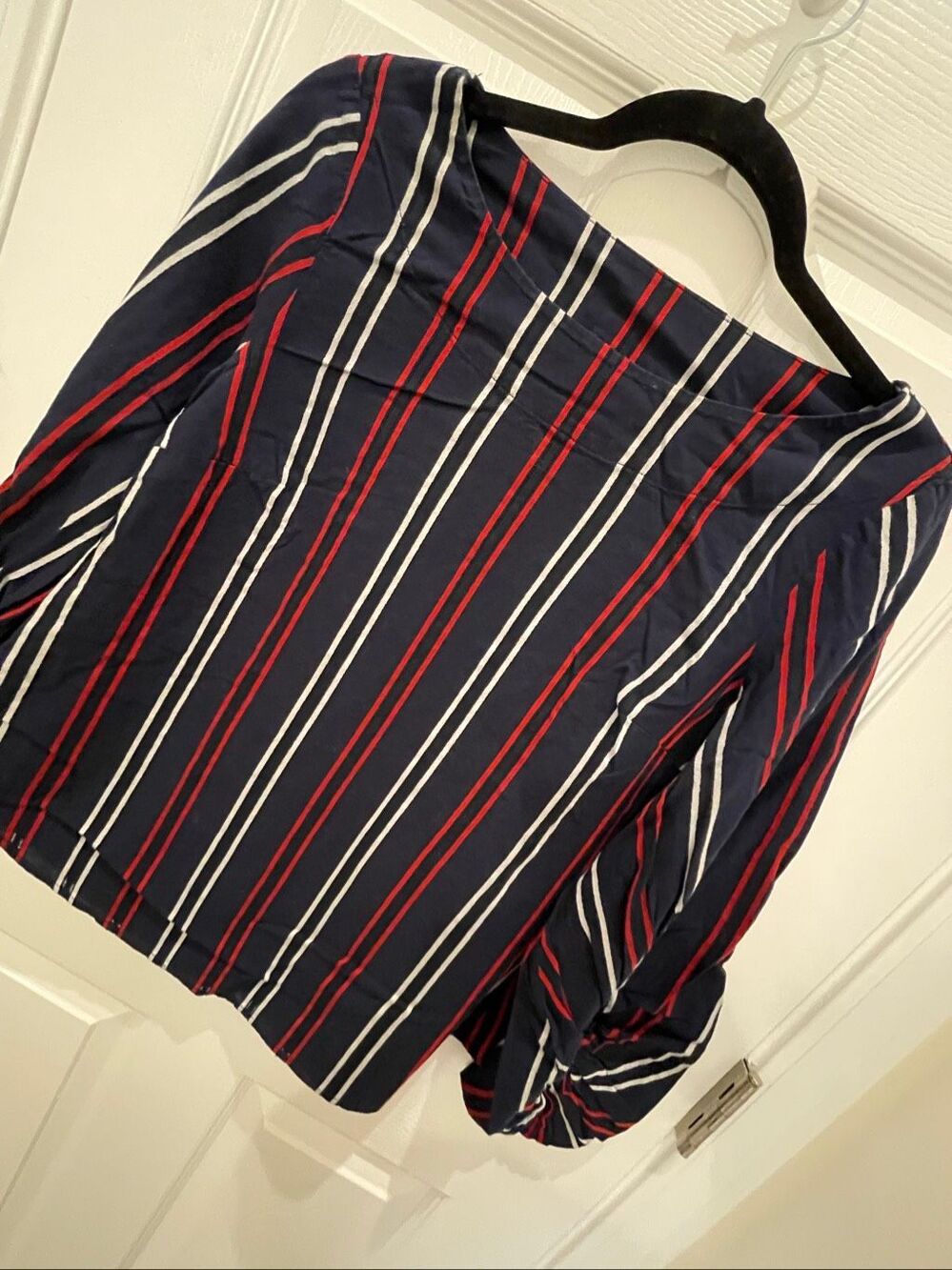 CAbi Freedom Stripe Flag Blouse #5516 Navy Red White Balloon Sleeve Small